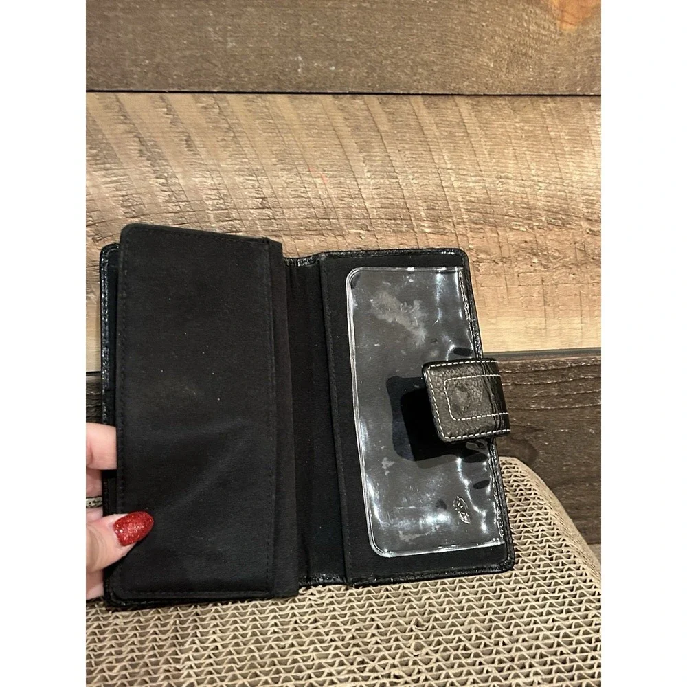 Fossil Trifold Wallet Womens Black Leather Checkbook Pen Holder Change‎ Cards